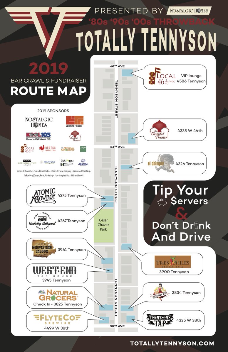 Wanna know where you'll be going? 🗺
Check out the #TotallyTennyson map!
Pick up your tickets at the Natural Grocers and hit all the spots on the map for a free complimentary drink or item!
ow.ly/bHqU50qFDed
#denver #denverco #barcrawl #denverbars