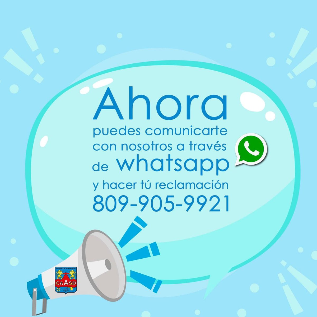 cdn37's tweet photo. La #CAASDTeInforma eInforma que ahora puedes comunicarte con nosotros desde donde quiera que te encuentres y hacer tu reclamación a través del Whatsapp, con el número telefónico 809-905-9921. #CAASDTeEscucha @caasdrd https://t.co/NYDjJjtEWR
