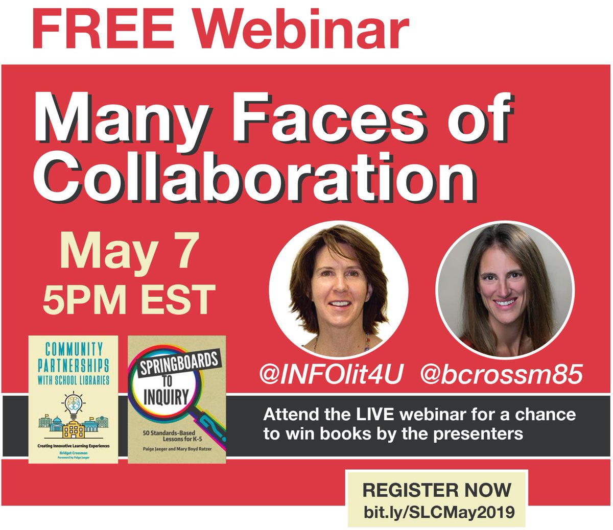 BloomsburyLU's tweet photo. Join @INFOlit4U & @bcrossm85 for #PDwithSLC
FREE WEBINAR: MANY FACES OF COLLABORATION
Tues, May 7 @ 5PM EST
Register https://t.co/KWzXw7txoC
Get cert for 1 hr of PD & a chance to win books by the presenters
#edchat #LibChat #TXLChat https://t.co/gjV30QKcKP