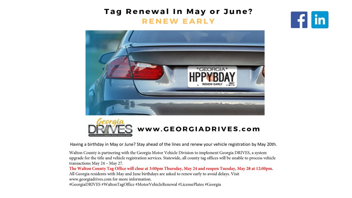 The Walton County Tag Office will close at 3:00pm Thursday, May 24 and reopen Tuesday, May 28 at 12:00pm.  Motor Vehicle Self Service Kiosks will be offline May 21 – May 27.