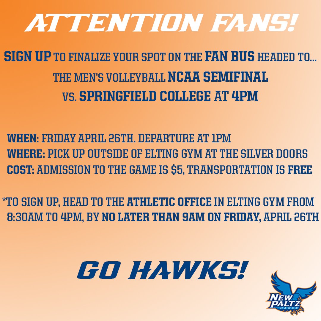 nphawks's tweet photo. ⚡️ATTENTION⚡️

Your chance to sign up for the FAN BUS headed to the men's volleyball 🏐NCAA Semifinal is dwindling down! 

Secure your spot TODAY at the Athletic Office in Elting Gym! Don't miss out on this awesome opportunity to support your fellow Hawks!! 

#npsocial https://t.co/XOhBDBAP0P