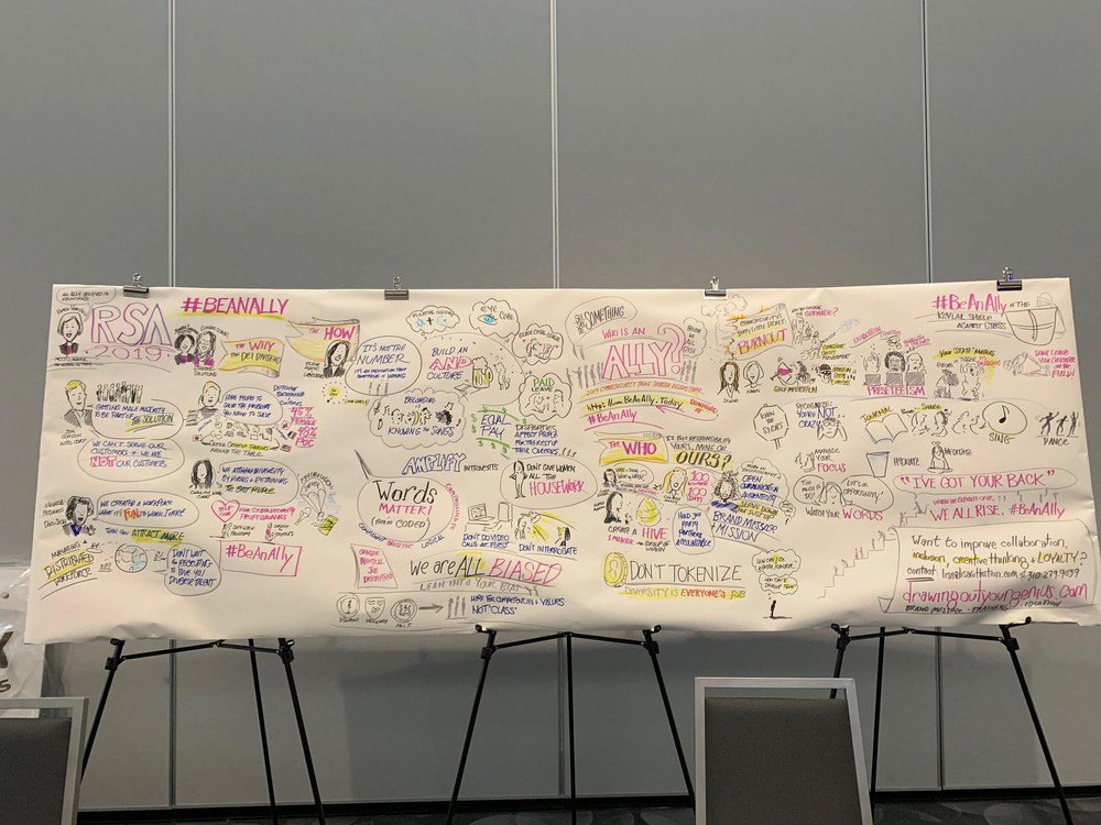 "From what I observed [at RSA Conference], the trend toward diversity, equity, &amp; inclusion in cybersecurity is encouraging." See sketches by <a href="/davincidiva/">Lisa Rothstein</a> summarizing #RSAC 2019 diversity-minded sessions &amp; seminars on the RSAC blog: spr.ly/6018E5P7r <a href="/karenworstell/">Karen Worstell</a> #BeanAlly