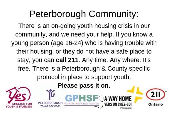 Ptbo_Canada's tweet photo. Supporting a young person who is concerned about their housing situation is as simple as making a phone call to 211. It’s free, anytime, anywhere. @YESShelterPtbo can help 👉 https://t.co/FKfFazhNax #ad https://t.co/eHM2Ihxp8Q
