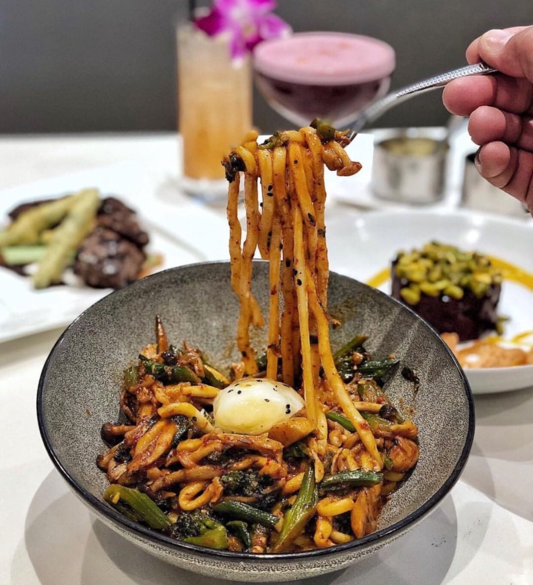 AlexandersCuper's tweet image. Get your custom-made udon on at Alexander's Steakhouse! Kimchi Udon Noodles with - 63 degree egg / asparagus / mushrooms / broccolini / kimchi butter sauce add shrimp 12 | add crab 12 | add chicken breast 9 | add lobster 14 | add filet 12 #lunch #lunchtime