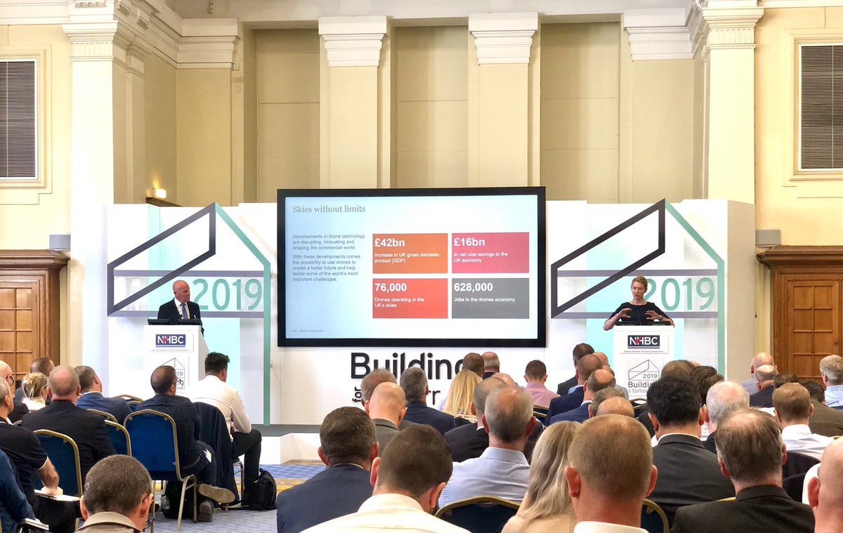 DronesBen's tweet photo. Brilliant talk today from @ElaineWhyte100 and Malcolm Donald @Plowman_Craven on the value and range of benefits that a common drone data platform would bring to the UK housebuilding industry #NHBCBft #dronesforbusiness #housebuilding #construction https://t.co/WAlvk34Zgb