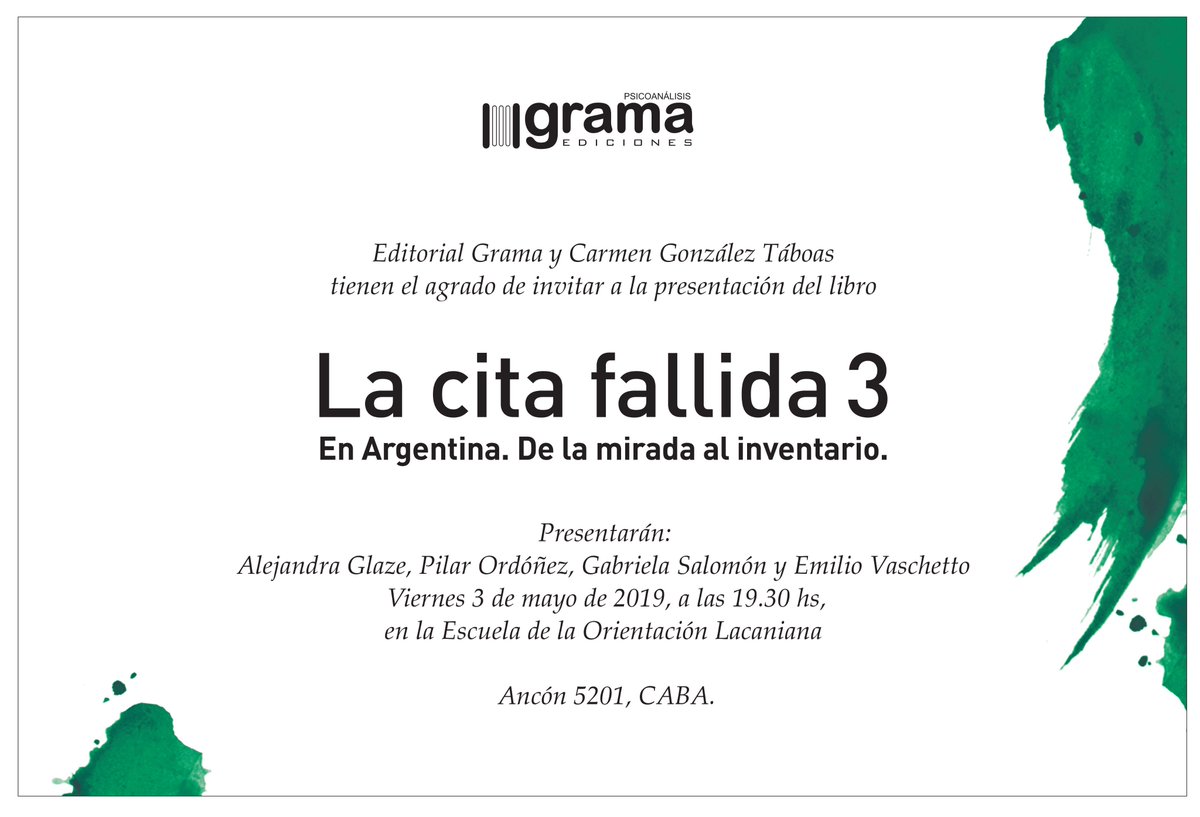 "La cita fallida 3. En Argentina. De la mirada al inventario" se presenta el viernes 3 de mayo, a las 19.30, en <a href="/EOLacaniana/">EOL</a>, junto a Alejandra Glaze, Pilar Ordoñez, Gabriela Salomón y Emilio Vaschetto.