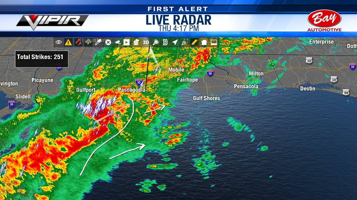 Whitleyweather's tweet photo. The worst of the storms are to the south and west of Mobile at the moment, They are a long way off should still time out to Pensacola by 6. Will have to watch to see if the stronger storms can hold together.
~ Chief Ross #13FirstAlert  https://t.co/yq9M7mmZZR #FLwx https://t.co/fS8W5k4EKr