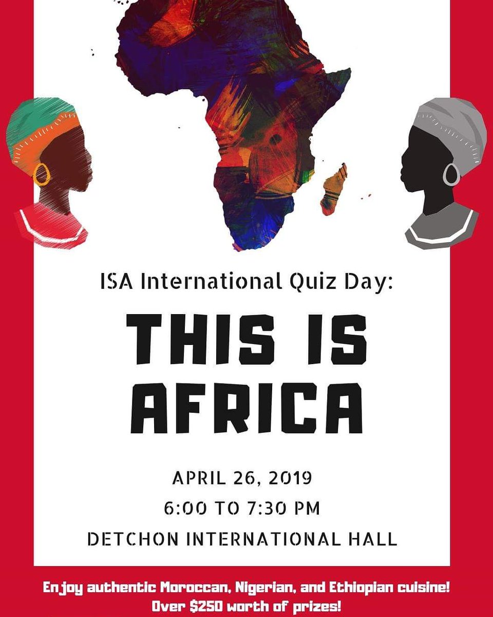 WabashISA's tweet photo. Reminder: Come experience Africa FRIDAY (4/26) with the ISA! Try a variety of African cuisine and win gift cards in our trivia game! 6:00-7:30 pm in Detchon International Hall https://t.co/LD57XyawGO