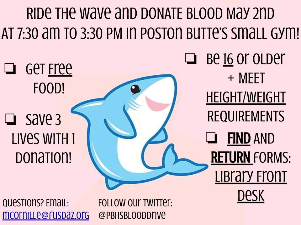 PBHS Blood Drive (@pbhsblooddrive) on Twitter photo Swim a little deeper and sign up for the May 2nd blood drive! Save lives with your donation and get free food! Miss class! Make this last blood drive bloody worth it! 💉 <a href="/PBhighschool/">Poston Butte High School - Florence Unified</a> <a href="/Florenceusd/">Florence Unified</a> <a href="/PBHStuco_/">PBHS Stuco</a> <a href="/PBHS_LinkCrew/">PBHS Link Crew</a> Swim a little deeper and sign up for the May 2nd blood drive! Save lives with your donation and get free food! Miss class! Make this last blood drive bloody worth it! 💉 <a href="/PBhighschool/">Poston Butte High School - Florence Unified</a> <a href="/Florenceusd/">Florence Unified</a> <a href="/PBHStuco_/">PBHS Stuco</a> <a href="/PBHS_LinkCrew/">PBHS Link Crew</a>