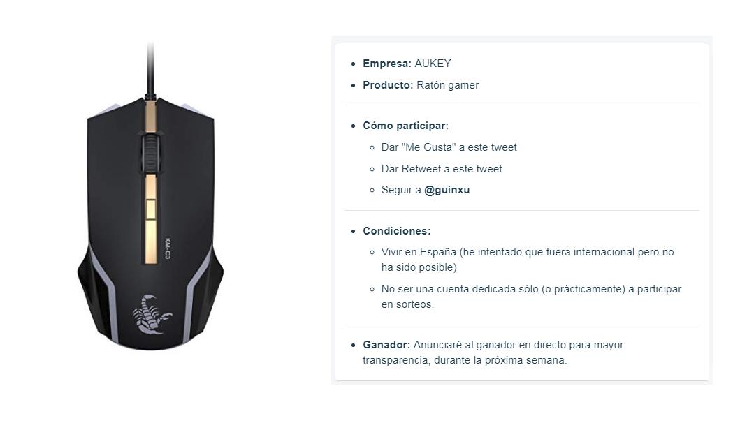 Sorteo (2/4) de productos de AUKEY: (aukey.com)

1x Ratón gamer: amazon.es/AUKEY-ajustabl…

Leer condiciones en la imagen del tweet.

Los tweets de los otros 3 productos están en este mismo hilo.