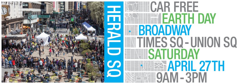 photo of fitness class in herald square plaza. Car free earth day logo.
