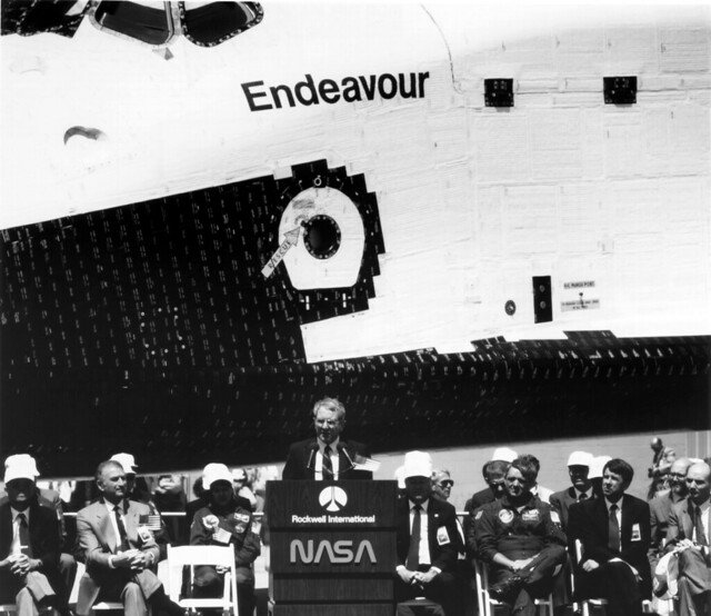 NASA Administrator Richard H. Truly addresses the audience in attendance at the rollout ceremonies of the Space Shuttle Orbiter Endeavour which occured on April 25, 1991, at the Rockwell International facility, Palmdale, California