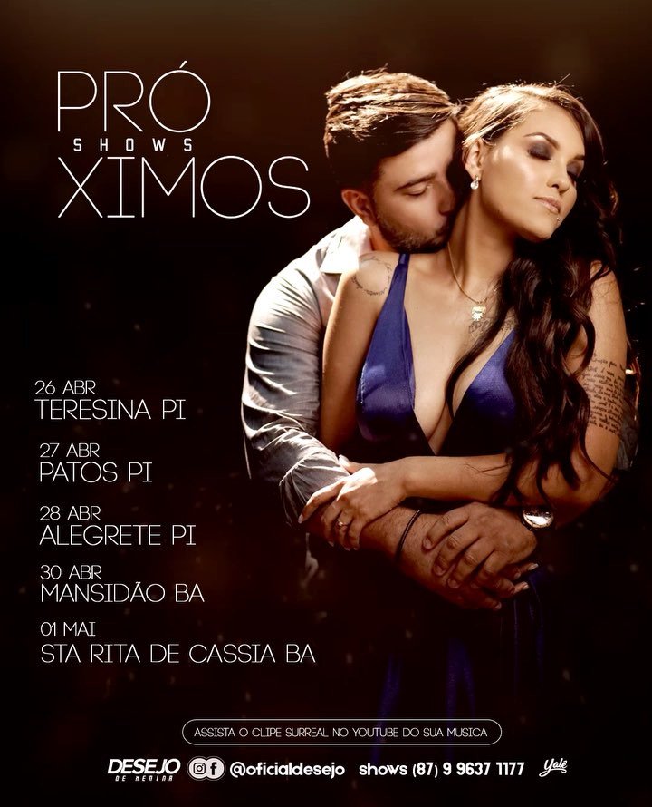 DiovaneDvlgcs's tweet photo. Próximos Shows da @oficialdesejo

#DesejoDeMenina #DM #Surreal #YaraTchê #AlessandroCosta #RefémdoAmor #AMaisRomanticaDoBrasil #ProximosShows #ForróRomântico #Forró #Piauí #Bahia #Teresina #Patos #Alegrete #Mansidão #StaRitaDeCassia #Nordeste  #DiovaneDivulgacoes #DDvlgs #DD https://t.co/iaCpottsHX