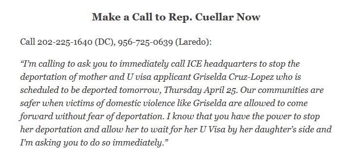 Griselda Cruz-Lopez has been detained by ICE for months + will be deported today - leaving her 6 yr old daughter w an abusive father. Will you take a moment to call Rep. Cuellar? He is the only one who can intervene now as she is detained in his district.