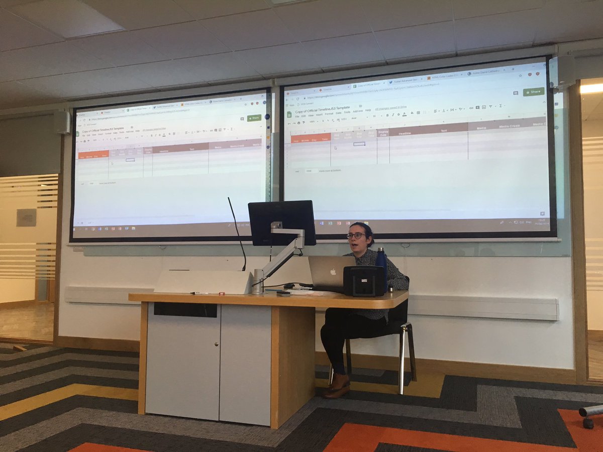 HacksHackersDUB's tweet photo. Our Data Visualisation event is in full swing with @nicamhlaoibh giving a workshop on Timeline.js. She is creating a timeline of #NotreDame fire. #hhdub #dataviz https://t.co/GYLU0bFjzJ