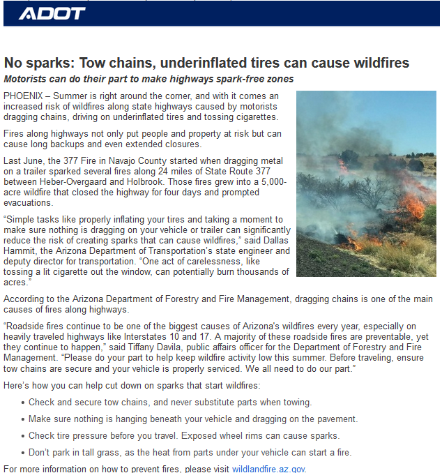 CCFirenIncident's tweet photo. #ADOT: No #sparks: #TowChains, #UnderinflatedTires can cause #wildfires
Motorists can do their part to make highways spark-free zones ... wildfires along state highways caused by motorists #DraggingChains, ... tossing #cigarettes... https://t.co/6NF6zRdA5q https://t.co/cKc8E1W1GD https://t.co/GabRRUfc7p
