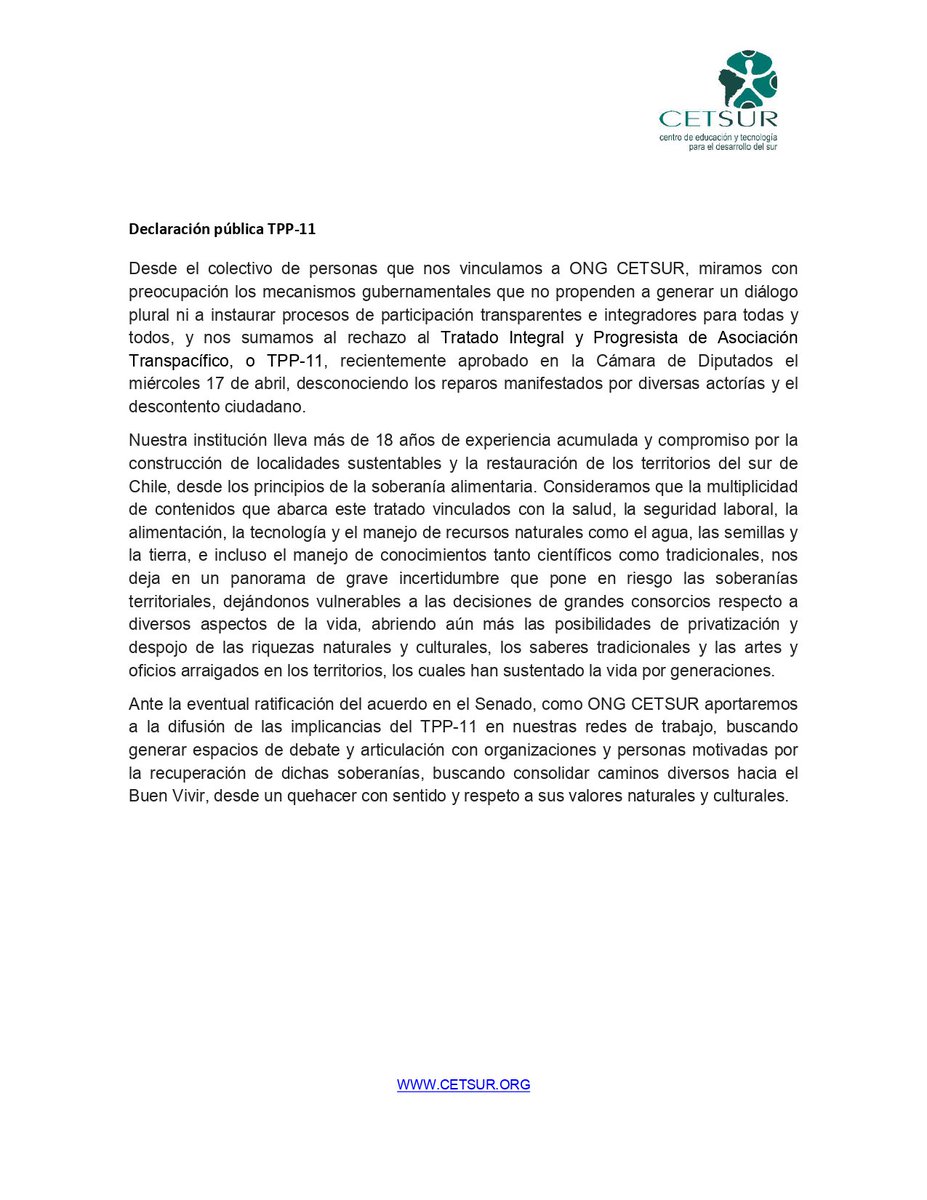 chilesintlc's tweet photo. ONG Centro de Educación y Tecnología para el Desarrollo del Sur #CETSUR se suma al rechazo del #TPP11
#NOALTPP11 https://t.co/MnKiuVct8m