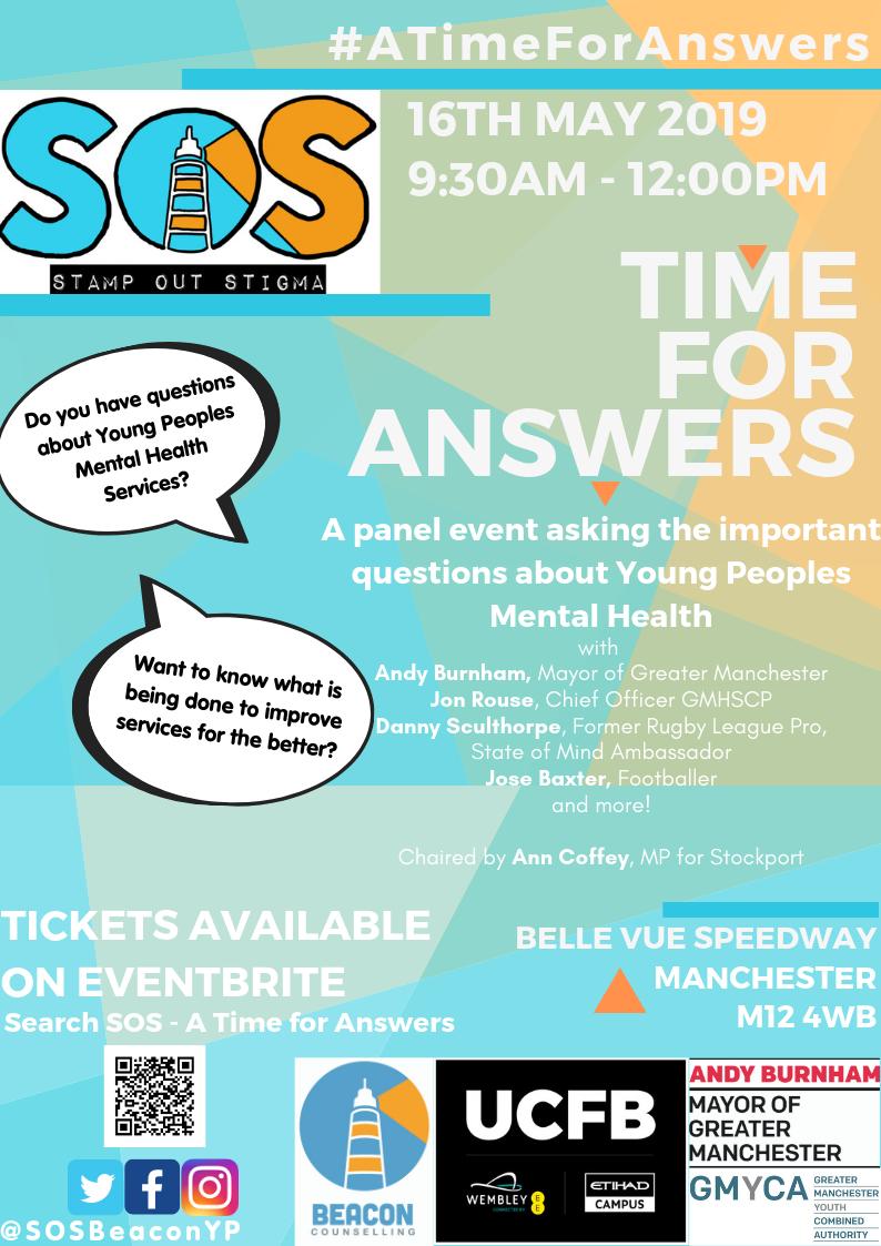 NHSStockportCCG's tweet photo. #ATimeForAnswers-16 May 2019. An exciting event with @MayorofGM, @JonRouseGM, @danscully8, @JoseBaxter11, and Mental Health Pros & Young People from GM all chaired by @anncoffey_mp. A chance for the YP of GM to hear the response to their Qs about CYP Mental Health. @SOSBeaconYP https://t.co/L85wMyA5Nz