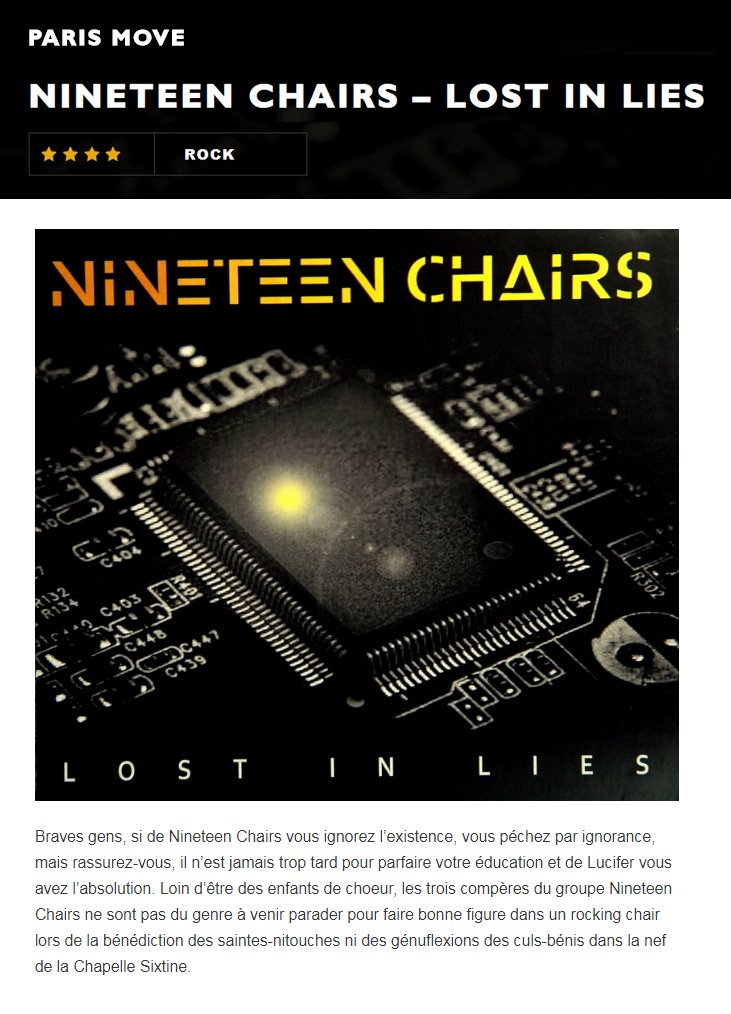 nineteenchairs's tweet photo. 1st #review of our #EP "Lost in lies" on the french musical website #ParisMove
: https://t.co/PpVq6OyW3E …/nineteen-chairs-lost-in-lies/ #indy #indé #indyrock #AlternativeRock #digipack #record #musicpress #DIY #songwriting #newmusic #originalsongs https://t.co/uP4FxqBhtl