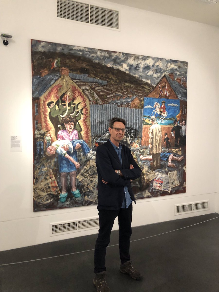 Kim_Mawhinney's tweet photo. Wonderful talk by @johnkeaneart today at @nerve_centre today. So pleased to see him reunited with his painting ‘The Other Cheek’ from the @UlsterMuseum collection and on display until Sunday @NerveVisual #TroublesArt https://t.co/7ACEdWTw40