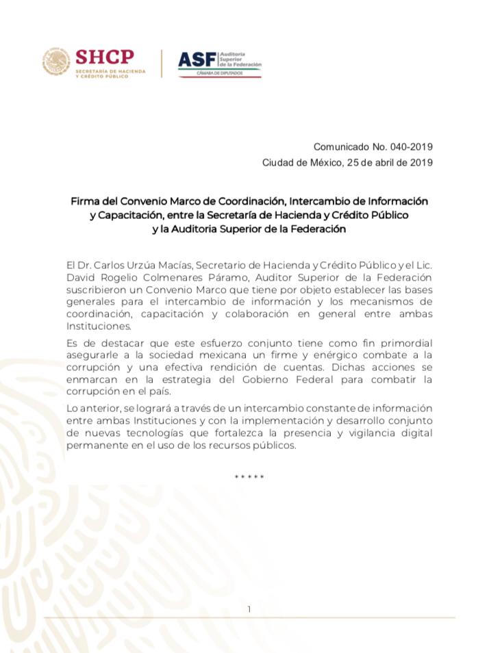 Hacienda_Mexico's tweet photo. El día de hoy, el Secretario de #LaNuevaHacienda
@CarlosUrzuaSHCP firmó un convenio con la Auditoría Superior de la Federación @ASF_Mexico.
Para así promover una mejor rendición de cuentas de los recursos públicos.
#ComunicadoDePrensa
#ComunicadoDePrensaMX
#ComunicadoSHCP https://t.co/1KW5LuU3It