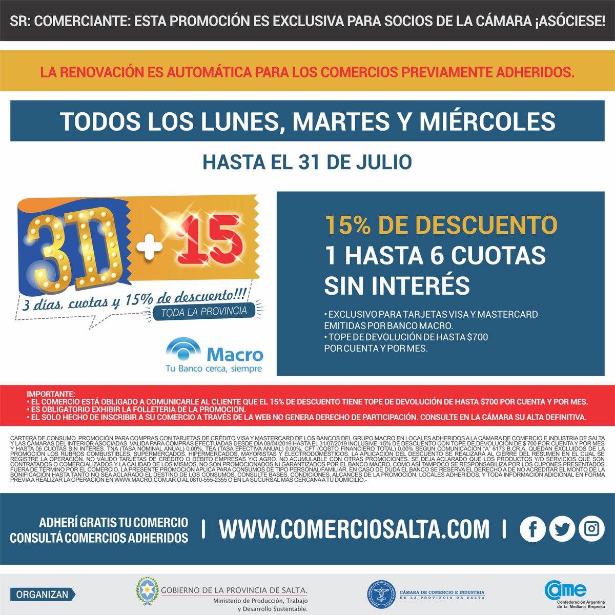 ComercioSalta's tweet photo. #Salta • ¡Adherite a la #Promo3D! Lunes, Martes y Miércoles hasta 6 cuotas sin interés y 15% off. Adherite gratis en https://t.co/scJXtgbrOd https://t.co/aFL6ehbPzp