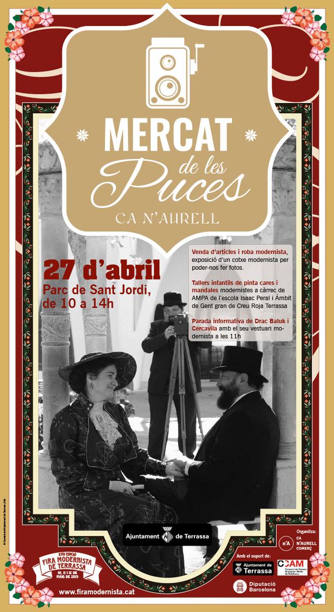 Aquest dissabte, el Mercat de les Puces de Ca N'Aurell serà molt especial, dedicat a la Fira Modernista. Ja sabeu, si encara us cal algun detall per anar ben vestits per la Fira, passeu-vos dissabte pel Parc de Sant Jordi. I no oblideu fer una visita gastronòmica al DOT! 😉