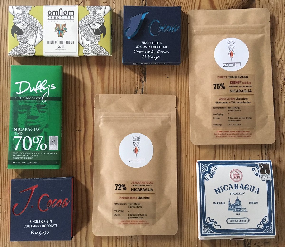 Today I raided my cupboard to take a trip around the flavours of Nicaragua.  
#eatbetterchocolate
⁦<a href="/omnomchocolate/">Omnom Chocolate</a>⁩ ⁦<a href="/duffyredstar/">Duffy Sheardown</a>⁩ ⁦<a href="/JCocoaChocolate/">J.Cocoa</a>⁩ ⁦<a href="/feitoriadocacao/">Feitoria do Cacao</a>⁩  (Plus some ⁦<a href="/MikkelFriisHolm/">Mikkel Friis-Holm</a>⁩ leftovers  which couldn’t be photographed! 😋🍫)