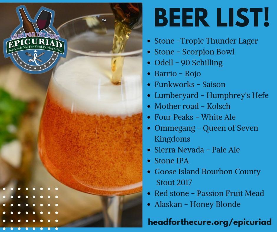 HeadfortheCure's tweet photo. Drum roll please...2019 Epicuriad Beer List is here!!!!  Check out these delicious beers thanks to Hensley Beverage Company!  Purchase your tickets at https://t.co/A3eEyRqUCW @Beer4Brains @IvyBrainCenter https://t.co/4cANA0tuPc