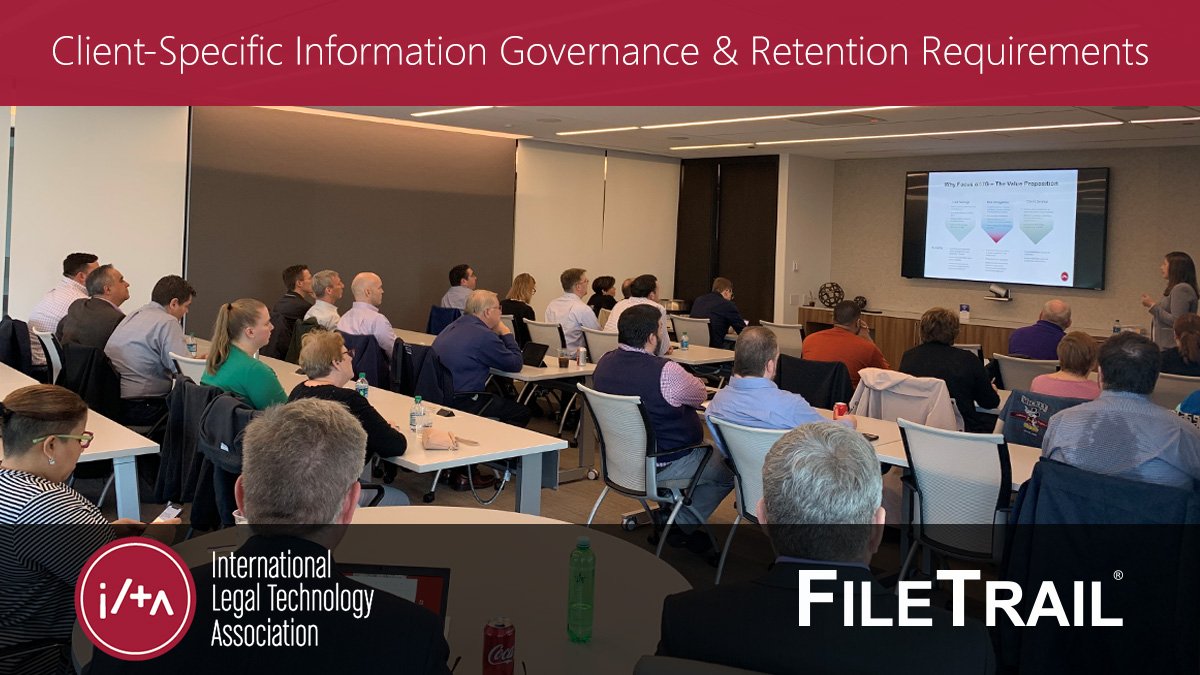 FileTrail's tweet photo. Packed room at #ILTA Information Governance session with @FileTrail in Chicago today! Thanks to speaker Jordan McKee &amp; @HuschBlackwell for hosting and to the many #InfoGov / #RecordsManagement / #LegalIT leaders who shared insights on "Managing Client-Specific Requirements" https://t.co/pPe4SXYIoZ