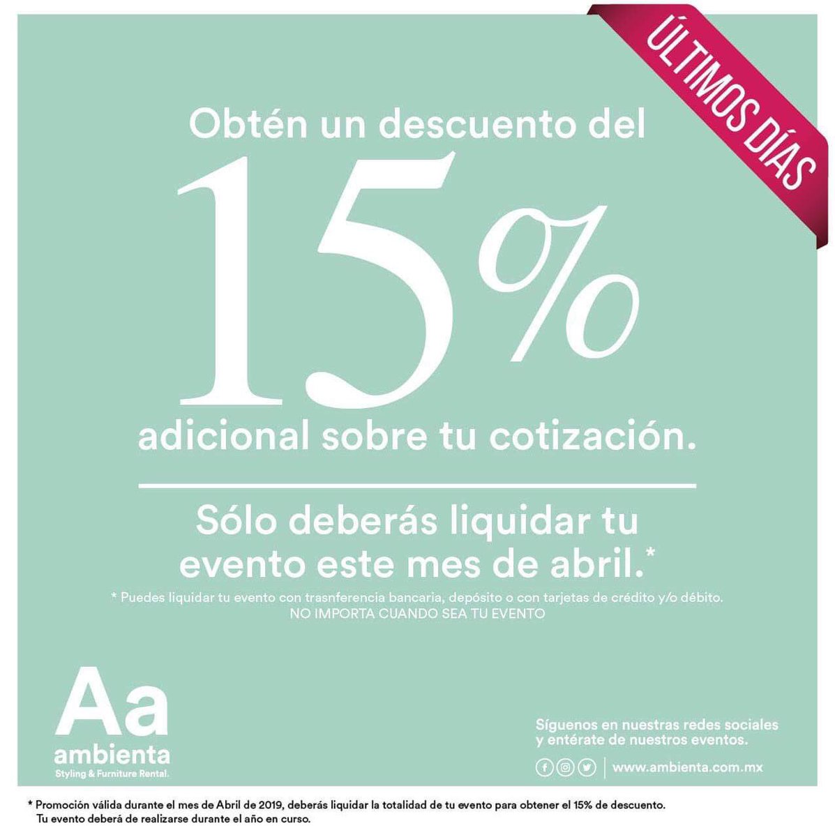 ¡ÚTIMOS DÍAS!
Obtén 15% de descuento extra sobre tu cotización.
Sólo debes de liquidar tu evento este mes de abril.

Háblanos de tu evento, ¡Ya puedes contactarnos por whatsapp! Sólo da click en el siguiente enlace y chatea directamente con nosotros.  wa.me/5215534158682