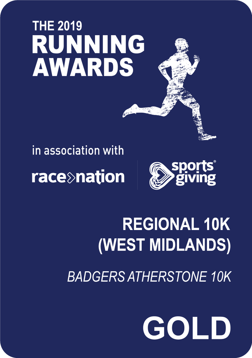 RunningAward's tweet photo. Congratulations @BA10k! Badgers Atherstone 10K takes the Gold for Best 10K, West Midlands! #TRA19 https://t.co/DcFq9Ohq20