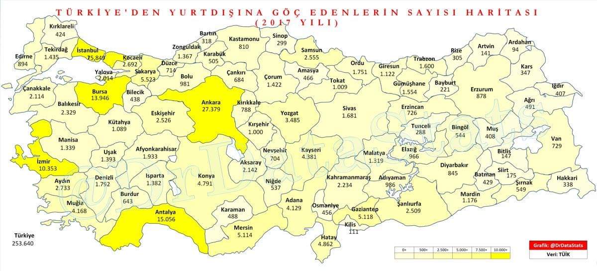 Türkiye'den yurt dışına göç edenlerin sayı haritası - puiv.com/i/HTVMRYQQ