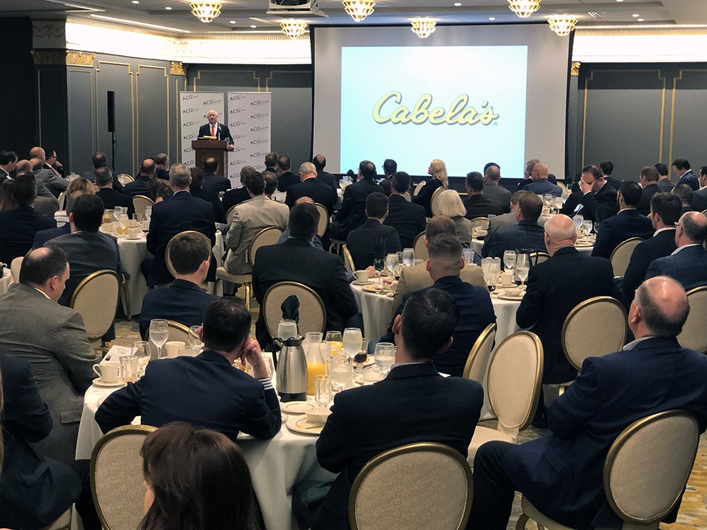 ACGnebraska's tweet photo. A large crowd this morning to hear Tommy Millner, former CEO of Cabela's, share a story that began with a Wendy's frosty and ended with a multi-billion dollar sale to Bass Pro Shops and Synovus Bank. https://t.co/i4f0eFjOj9