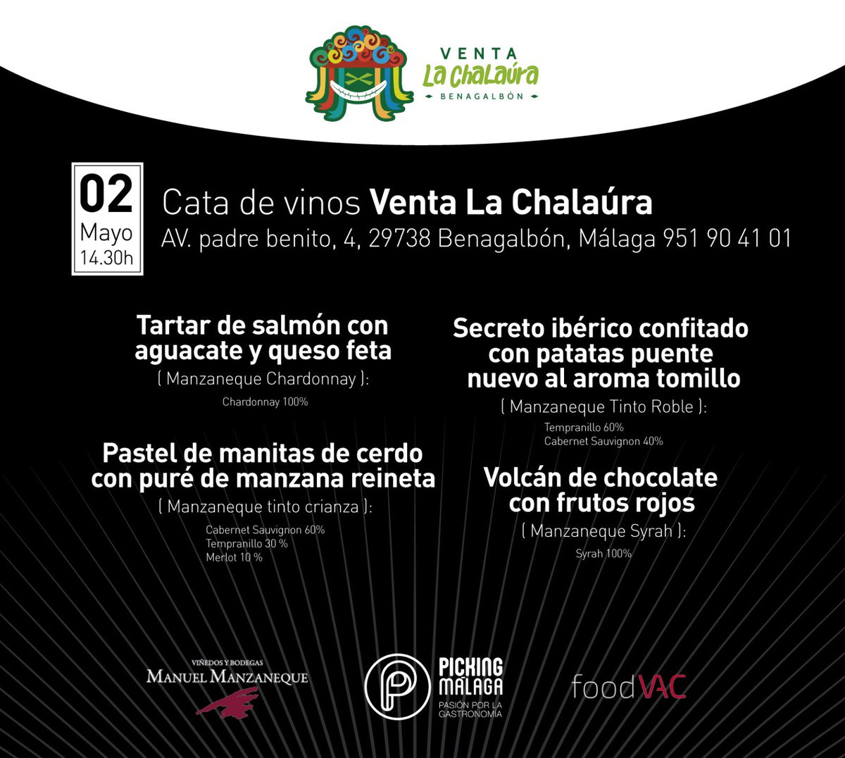 PickingMalaga's tweet photo. Próxima cata de vinos d la bodega #@bodegamanzanequ Venta La Chalaura. Además irán acompañados de fantásticos platos de @foodvac_es 
#pickingmalaga #ventalachalaura #malaga #vinos #bodega #manuelmanzaneque https://t.co/3fVEju7qH8