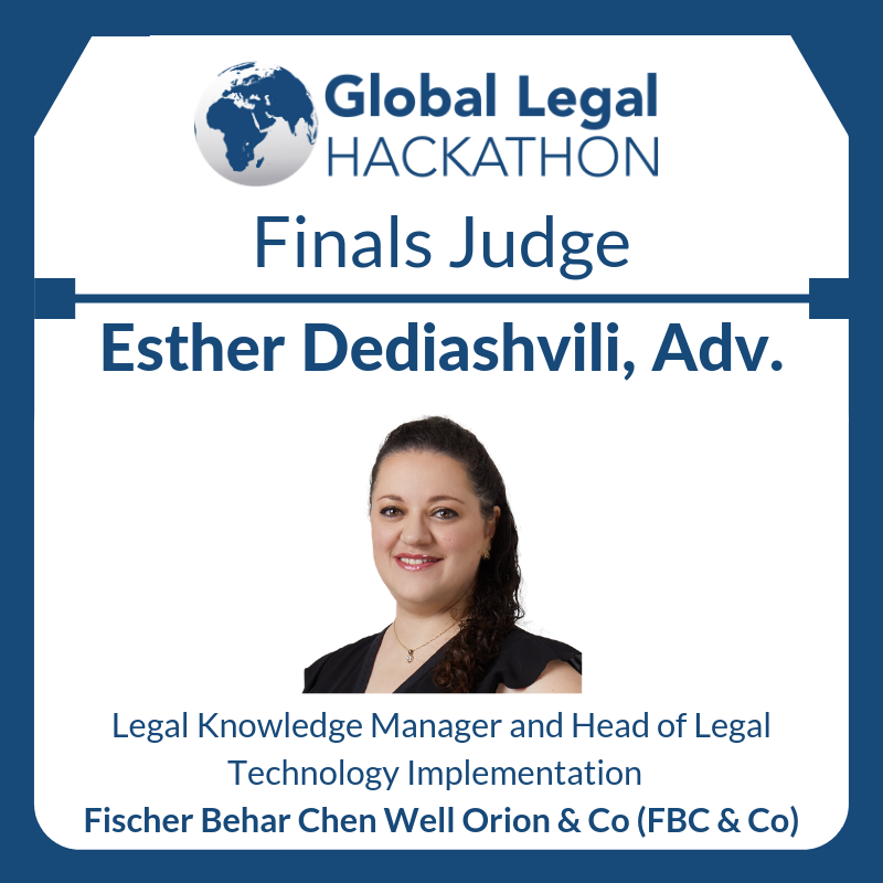 Our second #GLH2019 finals judge is <a href="/EstherDediashv1/">Esther Dediashvili, Adv.</a>. Esther is the organizer of the Israel Legal Hackathon as part of the Global Legal Hackathon, as well as Israel's Ambassador for the <a href="/GROWLInitiative/">The GROWL Initiative</a>. We are thankful to have her expertise on our panel of judges!