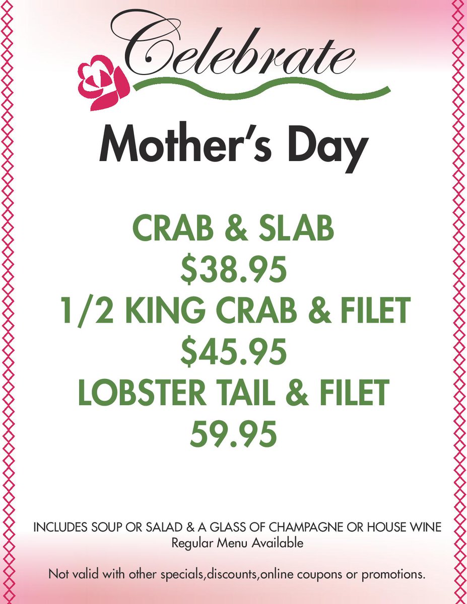 Check out our Mother's Day specials!! 
#mothersday #seafood #chicago #crabhouse #specials #chicagorestaurants