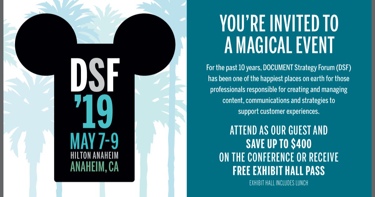 tweiler12345's tweet photo. Join us at DSF Anaheim, CA! Use code VIP for the best rate compliments of OpenText #DSF19Anaheim #opentext #documentstrategy https://t.co/2SNKQ14nN4 https://t.co/gdPVOsMOf7