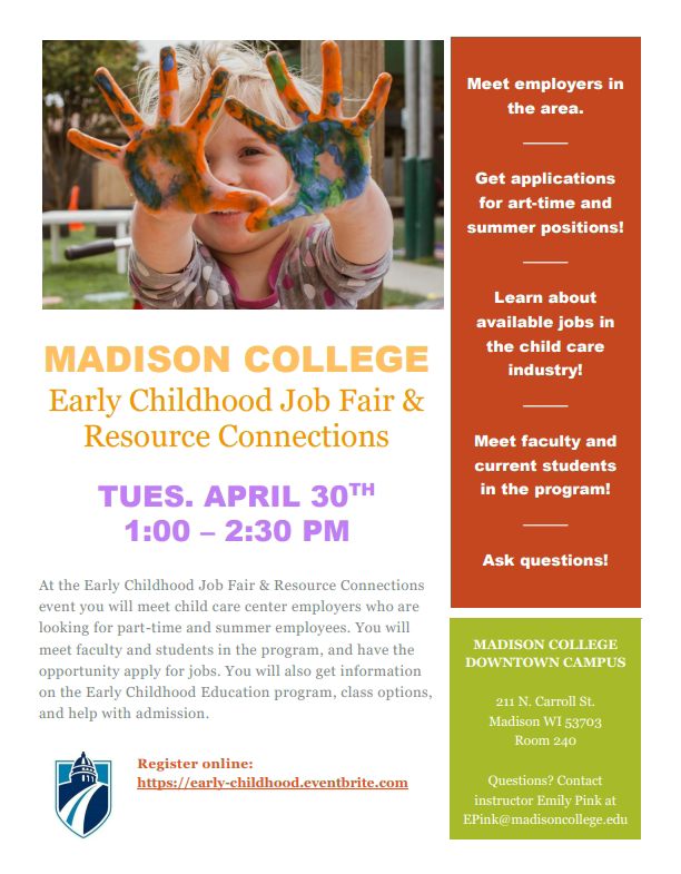 WaunakeeHSCouns's tweet photo. Attention Waunakee Students:  Madison College is hosting an Early Childhood Job Fair!  See flyer for details. https://t.co/4weuFwMk6S