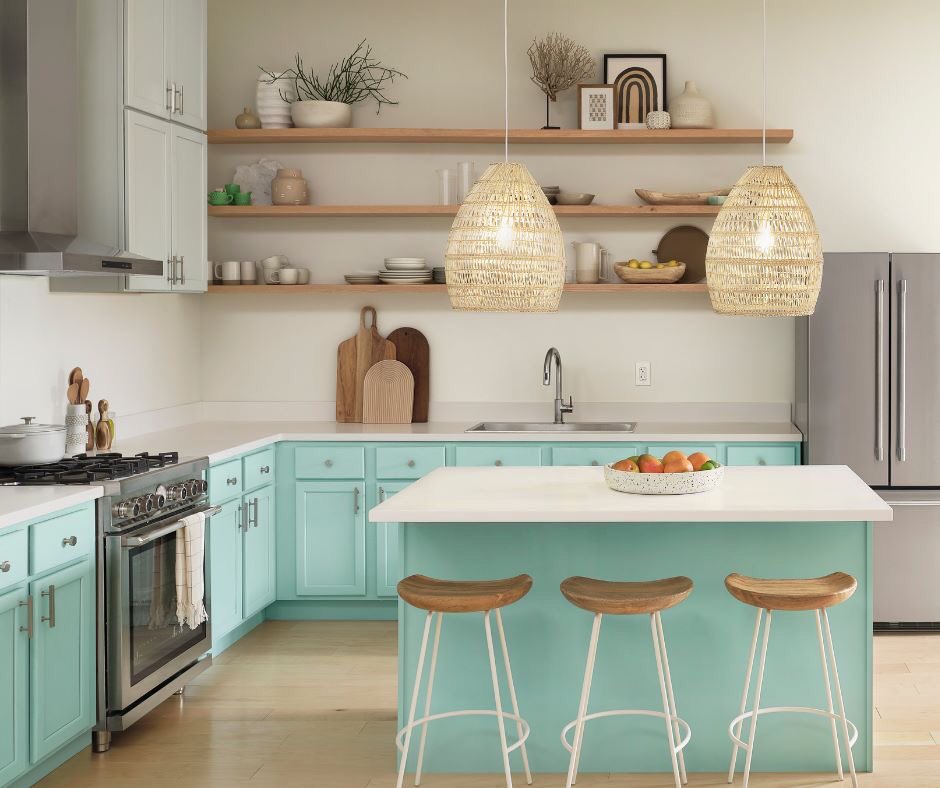 FleetwoodPaints's tweet photo. An acqua blue like 'Aerial Pursuit' for your kitchen cabinets is fun fresh and fabulous! This is a beautiful splash of colour and contrast within a neutral palette and warm wooden floors. All colours from Colour Perfect and cabinets painted in Advanced Eggshell #kitchen https://t.co/WJ3WyS1glC