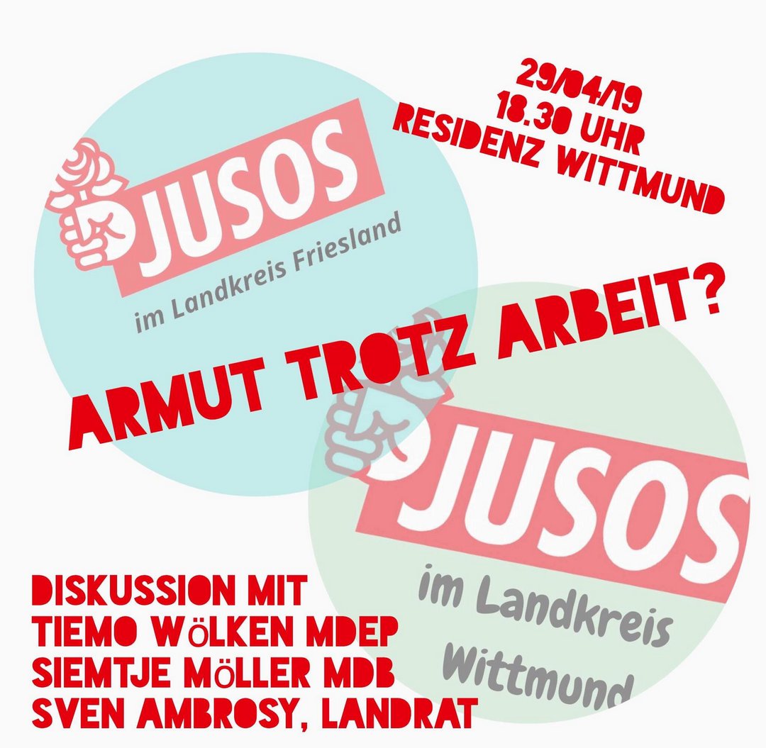 jev_ar's tweet photo. #Teaser: Die @JusosFriesland und Jusos Wittmund diskutieren Montagabend mit Tiemo @woelken, @SiemtjeMdB und unserem Landrat Sven Ambrosy das Thema "#Armut trotz #Arbeit".
Spannendes und wichtiges Thema, kommt vorbei!

#EuropaistdieAntwort #Europawahl  #SPD #jusos #Europawahl2019 https://t.co/CyeKyPtj0A