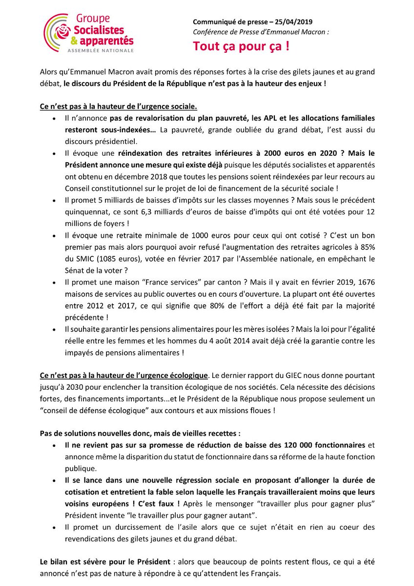 socialistesAN's tweet photo. Alors qu’Emmanuel #Macron avait promis des réponses fortes à la crise des gilets jaunes et au grand débat, la #conferencedepresse du Président de la République n’est pas à la hauteur des enjeux ! Pas de solutions nouvelles, mais de vieilles recettes ! #GrandBlabla https://t.co/9vzYBK0ZTV
