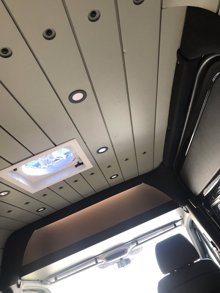 AnInkedFlame's tweet photo. The finger / toe crossing worked! After a late night and finding the correct adhesive (by chance), the headliners were completed & installed.
#Sprinter #VanReno @MercedesBenz
- -
T-Minus 1 hour till delivery. https://t.co/By3WLx39HM