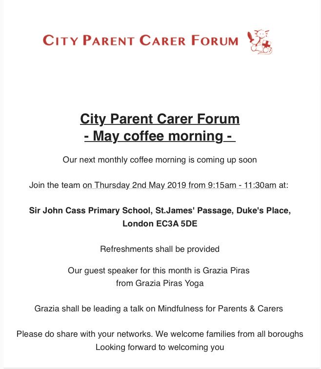 SouthwarkPCC's tweet photo. Open invite from the City of London’s parent/carer forum’s May coffee morning event: https://t.co/yNTyuPrC16