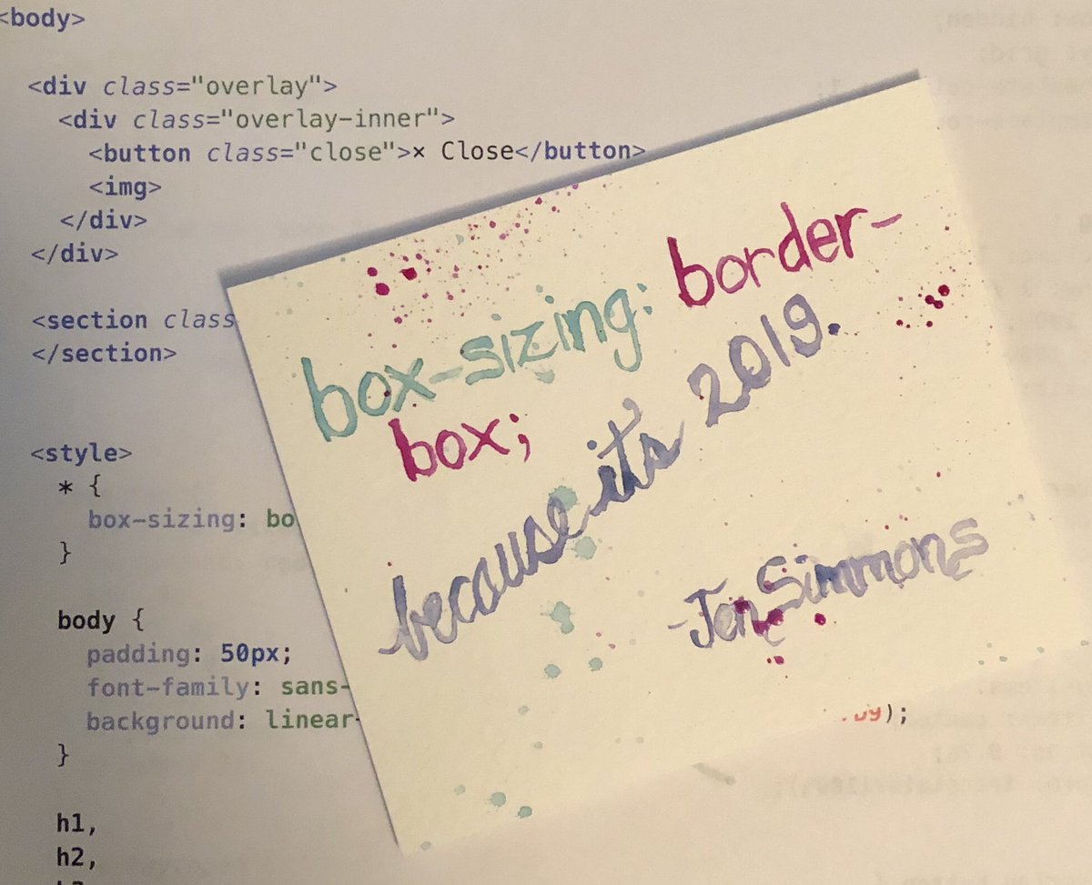 evdonley's tweet image. “...box-sizing: border-box; because it’s 2019” @jensimmons 😂#thinkingwithgrids #smashingconf
