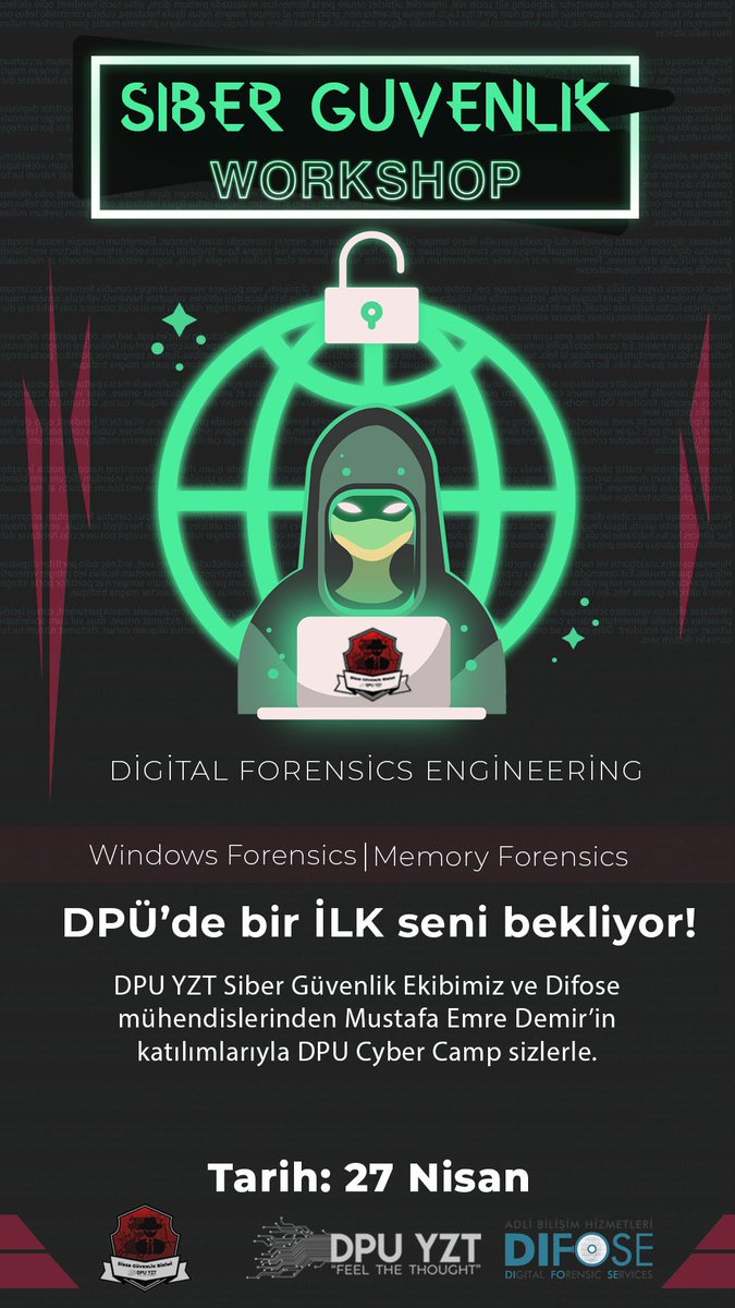 DPU YZT Siber Güvenlik Ekibi ve <a href="/DiFoSe/">DiFoSe</a> egitmenlerinden <a href="/mustafaemre__/">Mustafa Emre</a>'in katılımlarıyla DPU Cyber Camp, 27 Nisan Cumartesi Kütahya Dumlupınar Üniversitesinde sizlerle.