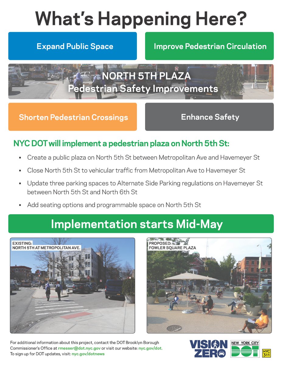 What's Happening Here? Flyer for North 5th Plaza on North 5th St between Metropolitan Ave and Havemeyer St in Brooklyn. For additional information about this project, contact the DOT Brooklyn Borough Commissioner's Office at rmesser@dot.nyc.gov or visit our website: nyc.gov/dot.