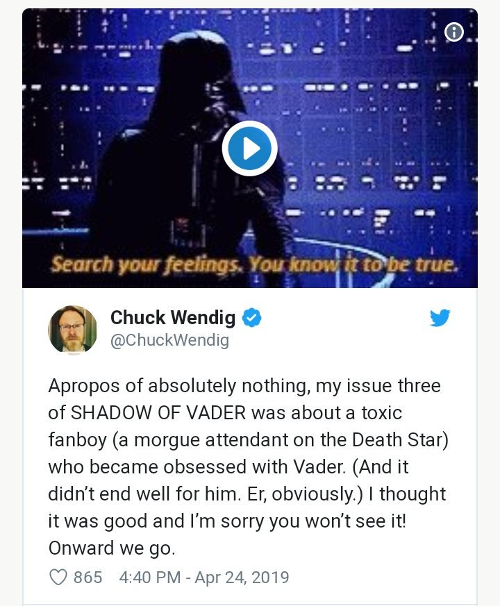 Dataracer117's tweet photo. SJW's are freaking out over Marvel's Darth Vader #3 because he kills a woman at the end and calls her garbage.
Chuck Wendig originally wrote the story but had a dude falling in love with Vader instead. What a shit show. 😂 https://t.co/V9WLIyX31A