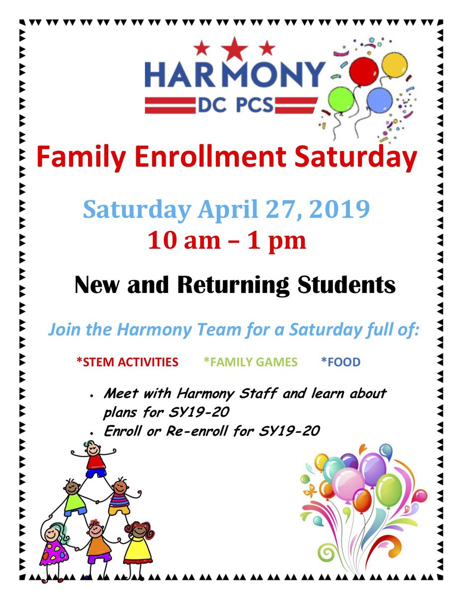 Harmony DC PCS (@harmonydcpcs) on Twitter photo We are having our Enrollment Saturday on April 27, 2019. Join us to meet our admins, complete your enrollment, and see our STEM projects. Food will be served. <a href="/MySchoolDC/">My School DC</a> We are having our Enrollment Saturday on April 27, 2019. Join us to meet our admins, complete your enrollment, and see our STEM projects. Food will be served. <a href="/MySchoolDC/">My School DC</a>