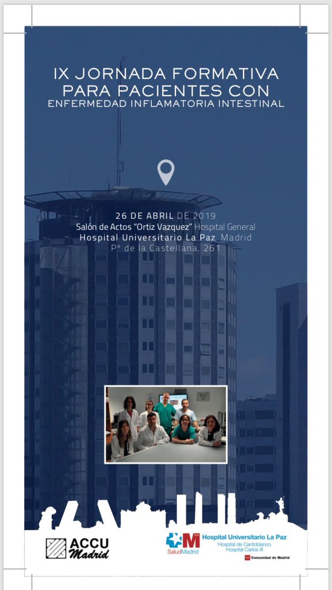 crohnycolitis's tweet photo. Mañana 26 de Abril del 2019 tenemos unas Jornadas Formativas para Pacientes con EII en el Hospital La Paz. Acudir, es un placer para nosotros/as.

Son unas jornadas abiertas, contamos contigo. ¡Os esperamos!.

@EIICLaPaz @ACCU_Espana @pacientesPOP @IdipazScience @Biobanco_Idipaz https://t.co/88nZYJehP7
